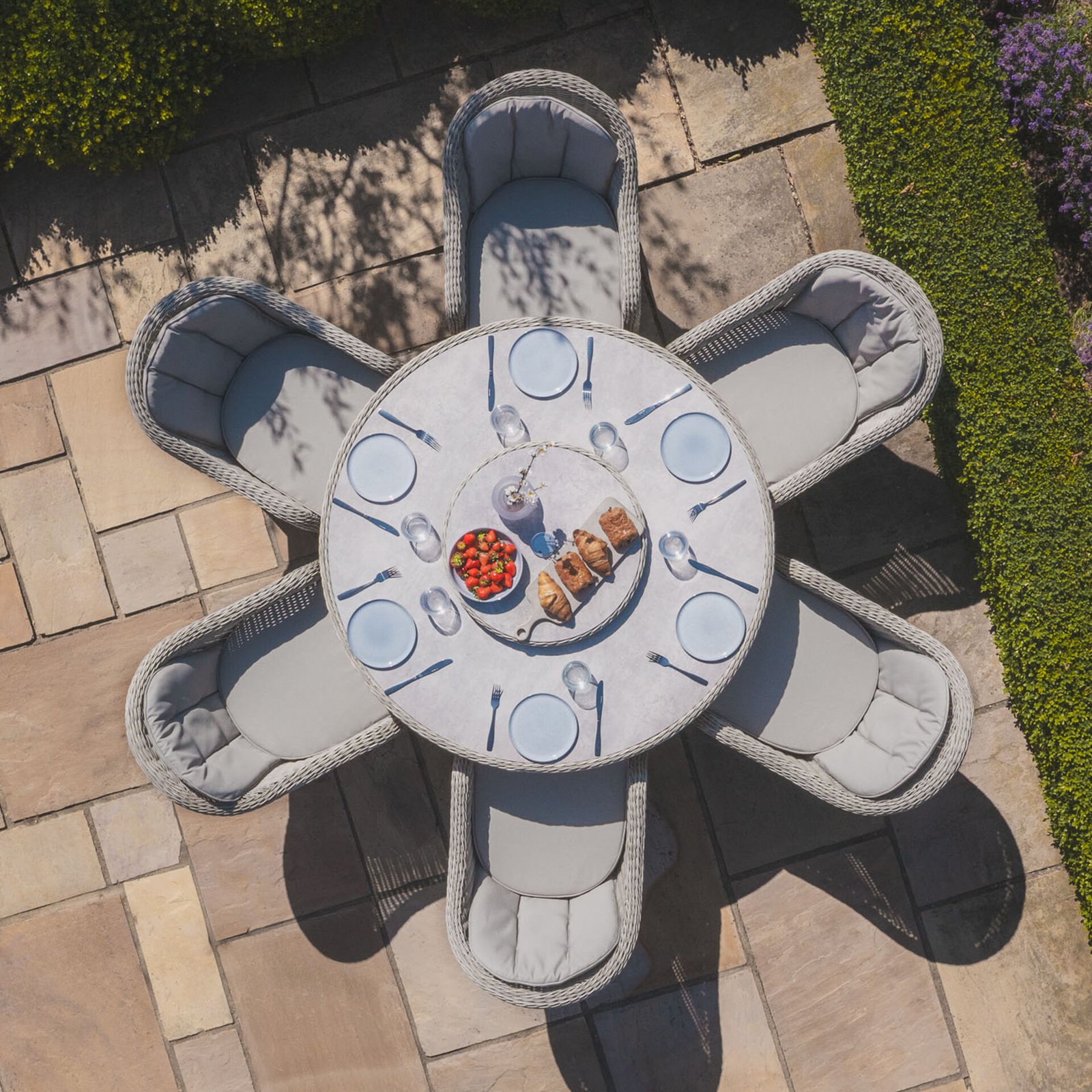 A Oxford 6 Seat Round Dining Set with Heritage Dining Chairs & Woven Lazy Susan - Ceramic Glass - Image 2