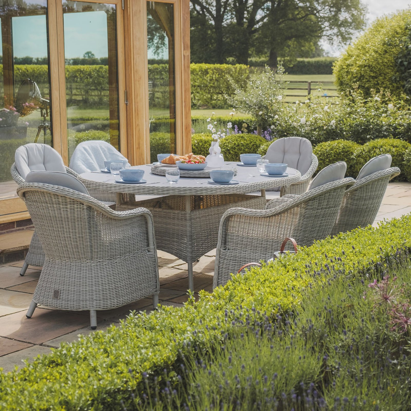 Oxford 6 Seat Oval Dining Set with Heritage Dining Chairs & Woven Lazy Susan - Ceramic Glass - Image 7