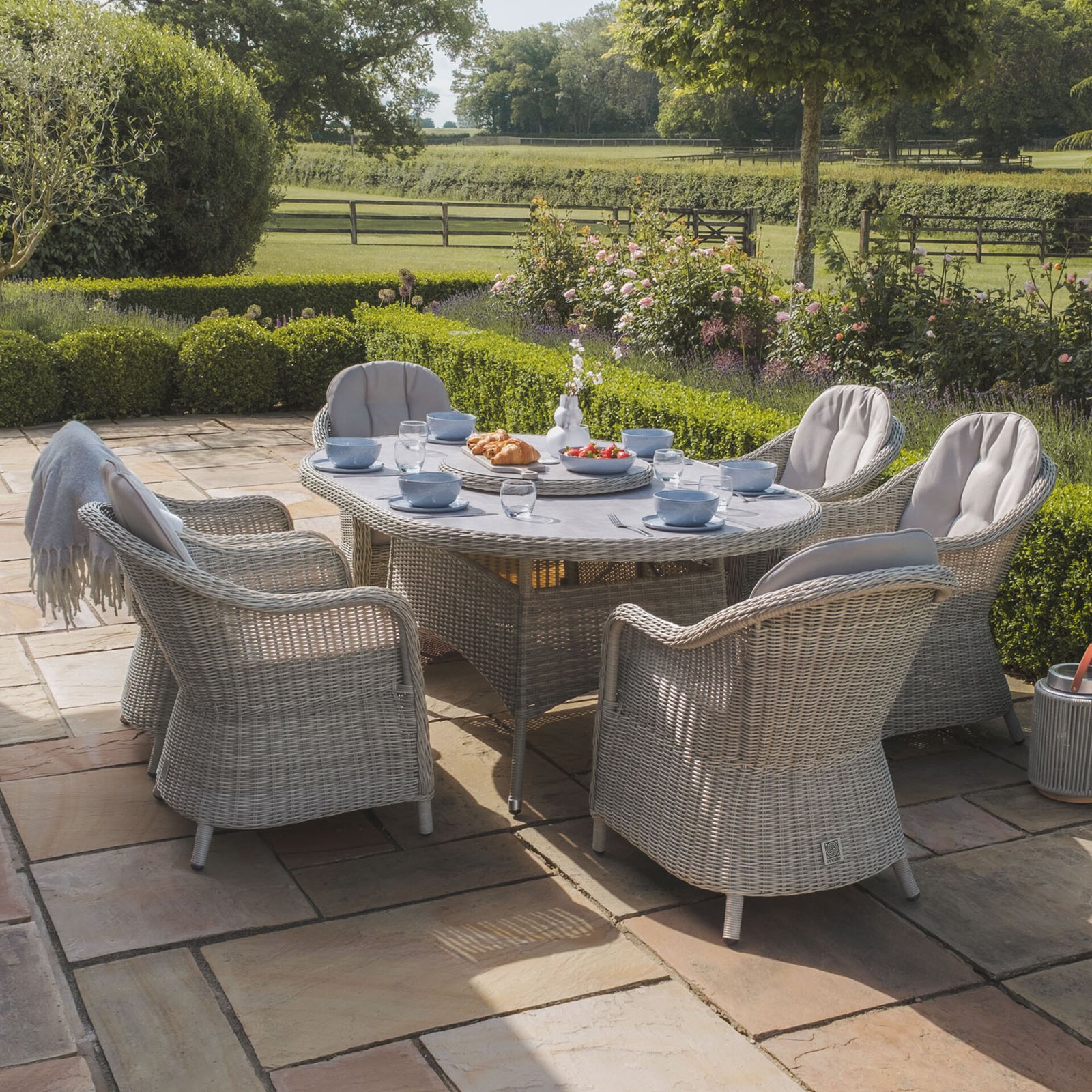 Oxford 6 Seat Oval Dining Set with Heritage Dining Chairs & Woven Lazy Susan - Ceramic Glass - Image 4