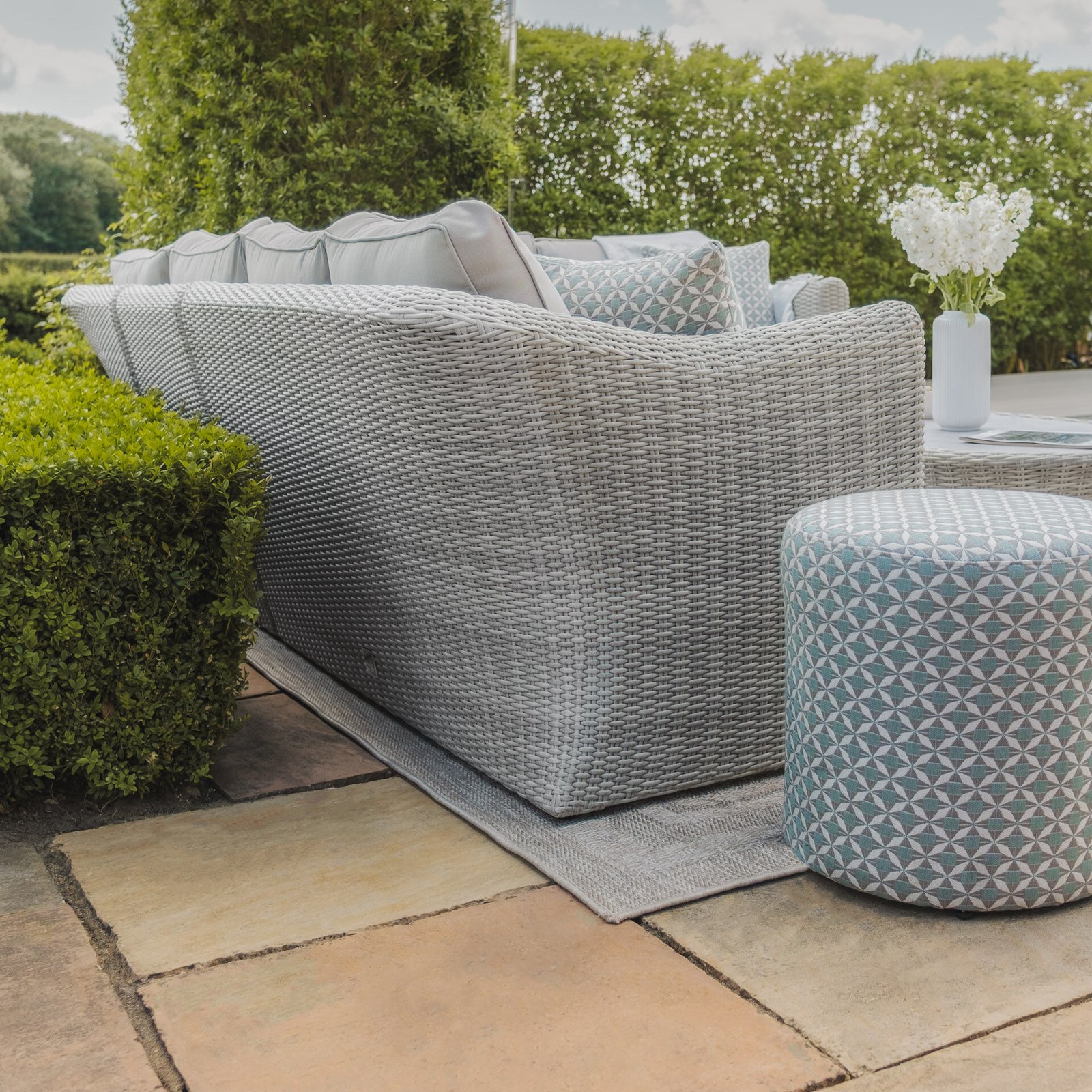 A Oxford Deluxe Large Rattan Corner Dining Set with Rising Table & Armchair - Ceramic Glass - Image 6